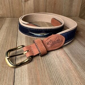 World Wide Sportsman Ribbon Belt Mens 42 Tan‎ Canvas Leather Brass Marlin